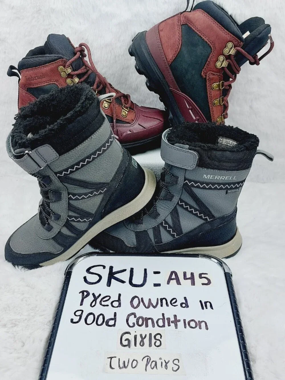 Set Of 2 Timberland Merrell Boy's Gray Burgundy Ankle Winter Snow Boots Size 2